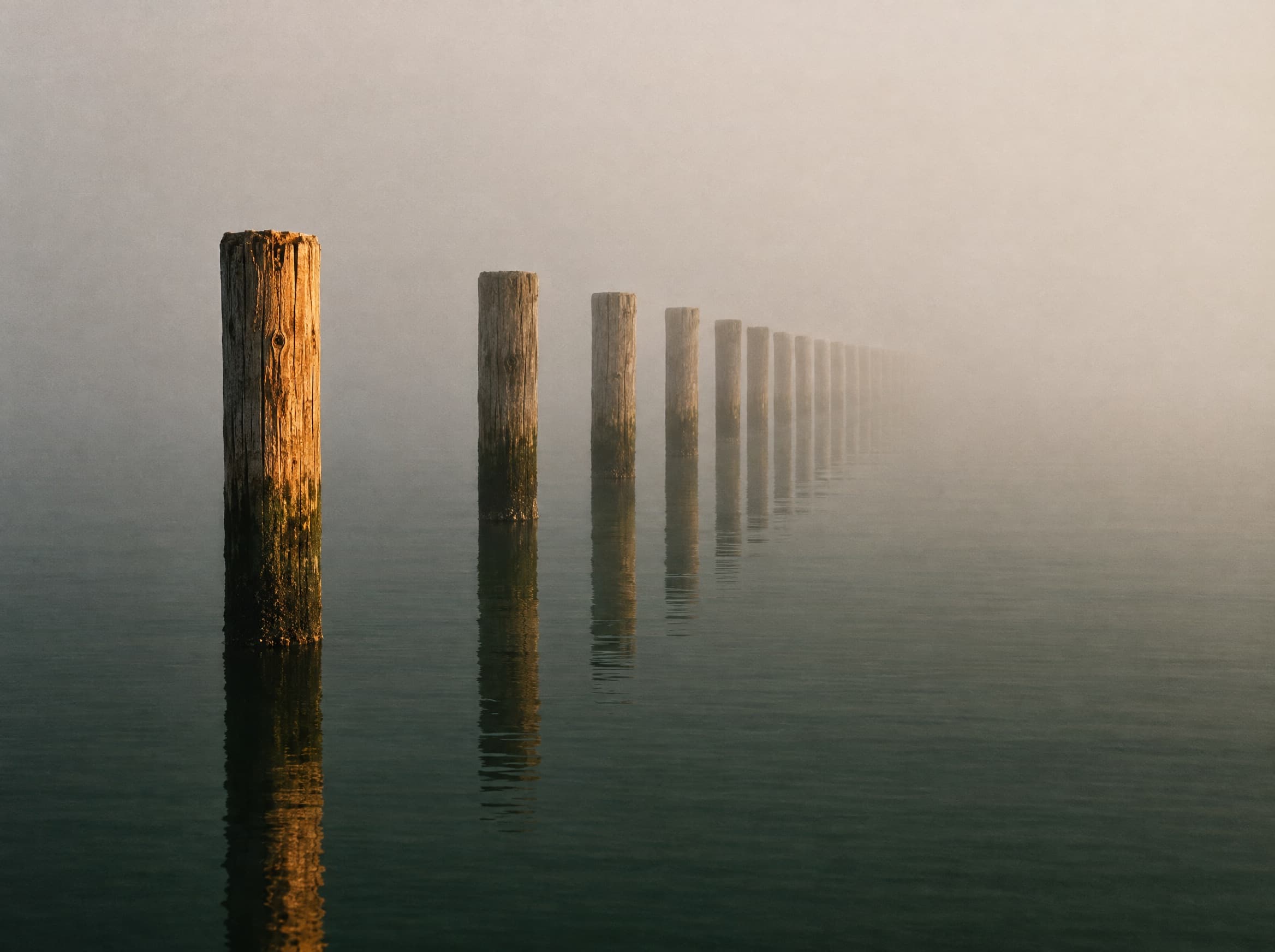 A row of wooden posts receding in rhythm into dawn fog over still water.