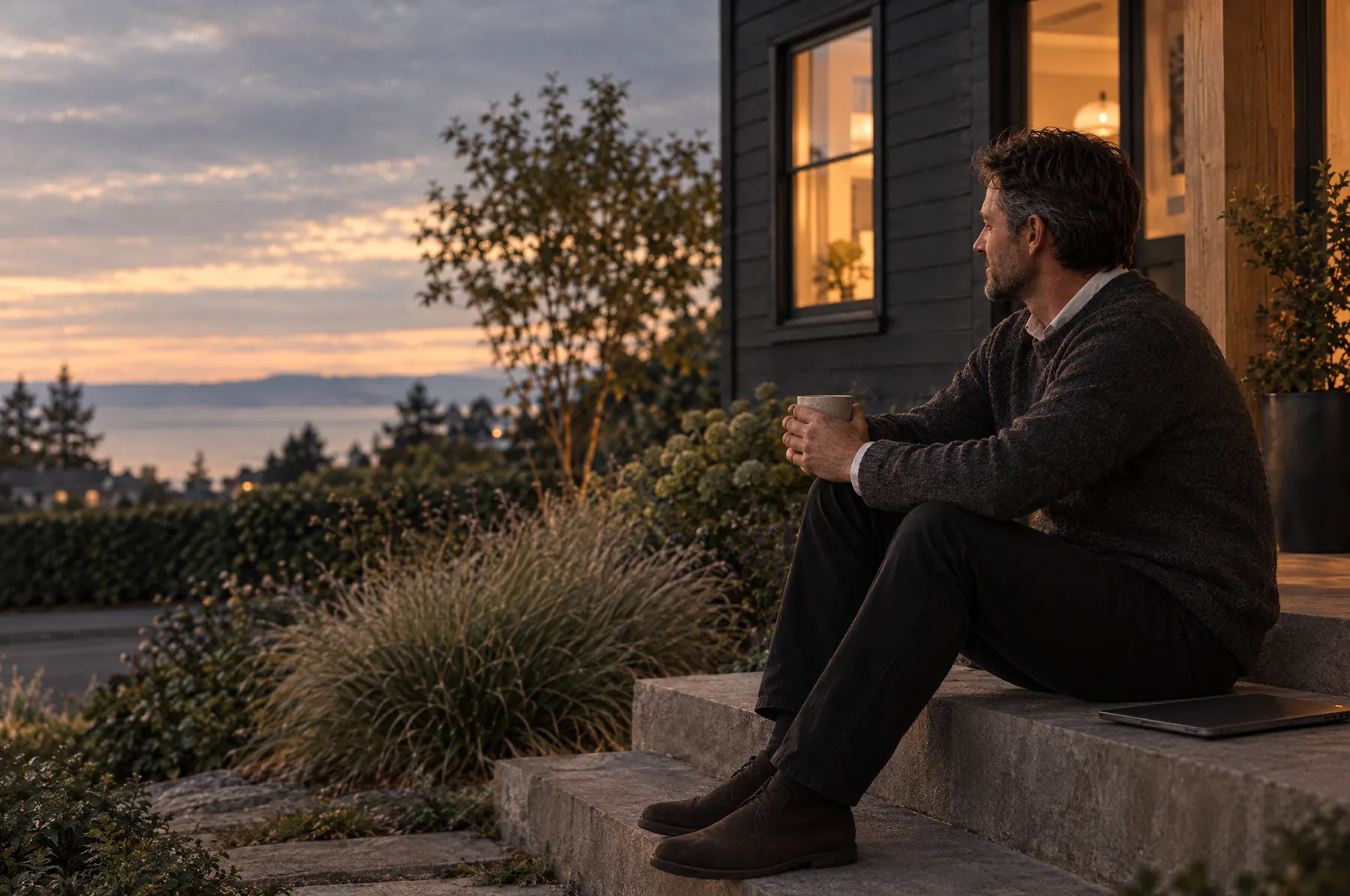 The same agent at dusk, sitting at ease on the front steps of a lit house with a warm drink, his laptop closed beside him.