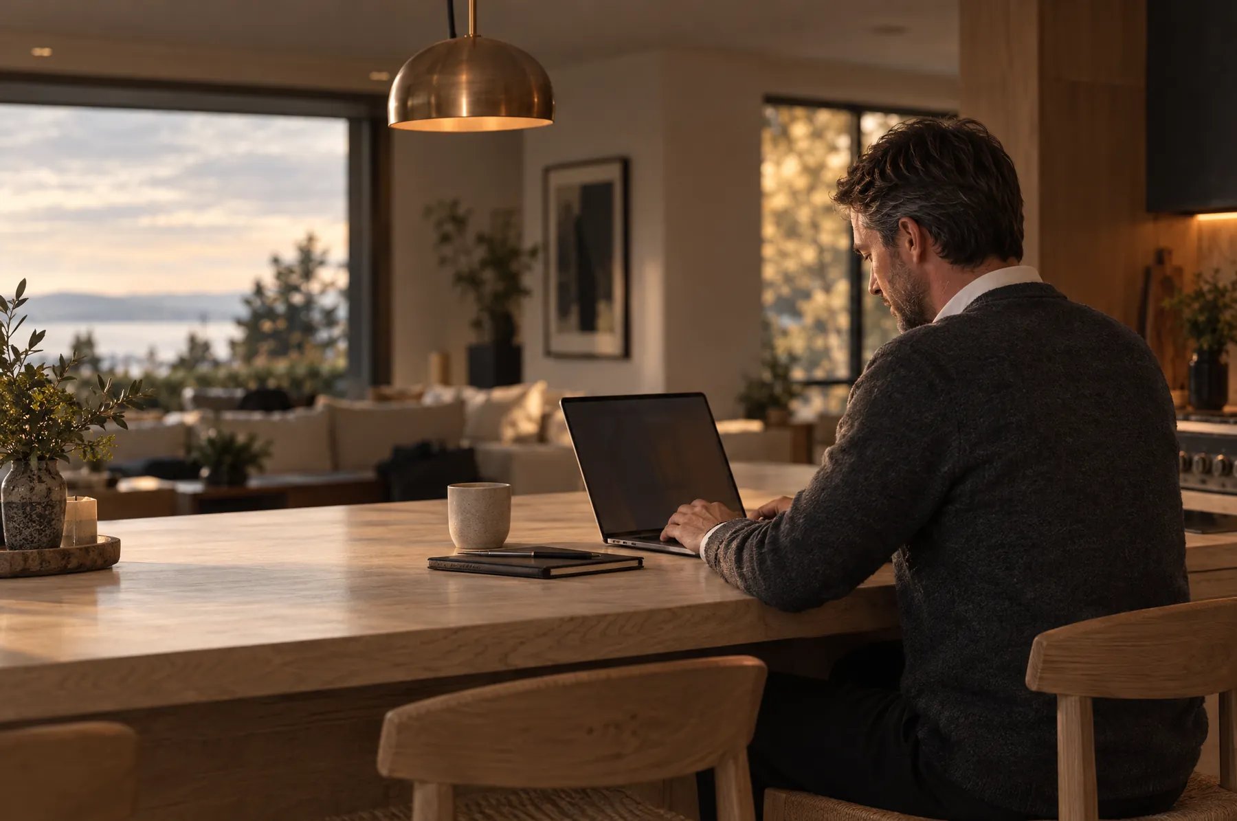 A real estate agent at a kitchen island in late light, working on a laptop.