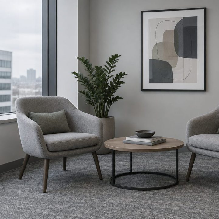 Two armchairs and a low table in a quiet office corner