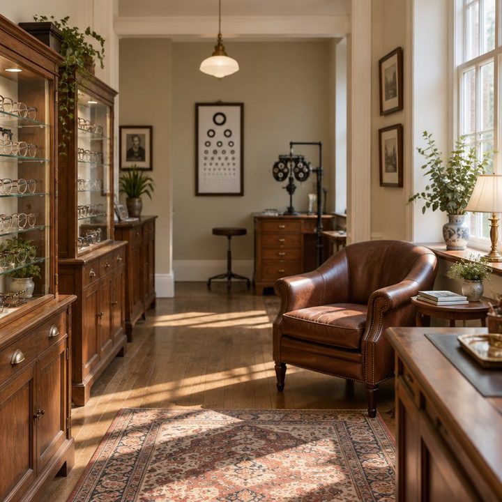 The interior of a traditional optician, frames in glass cabinets
