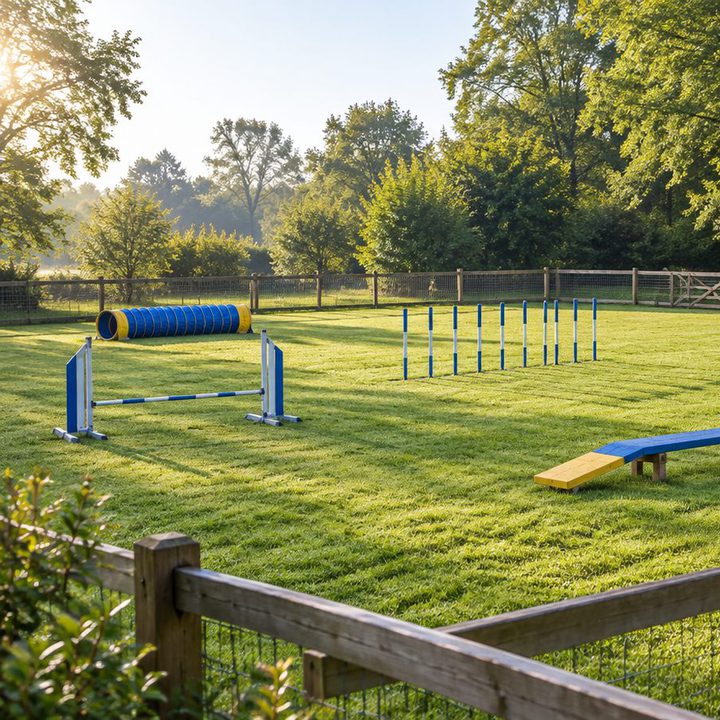 A fenced grass field set with low agility equipment