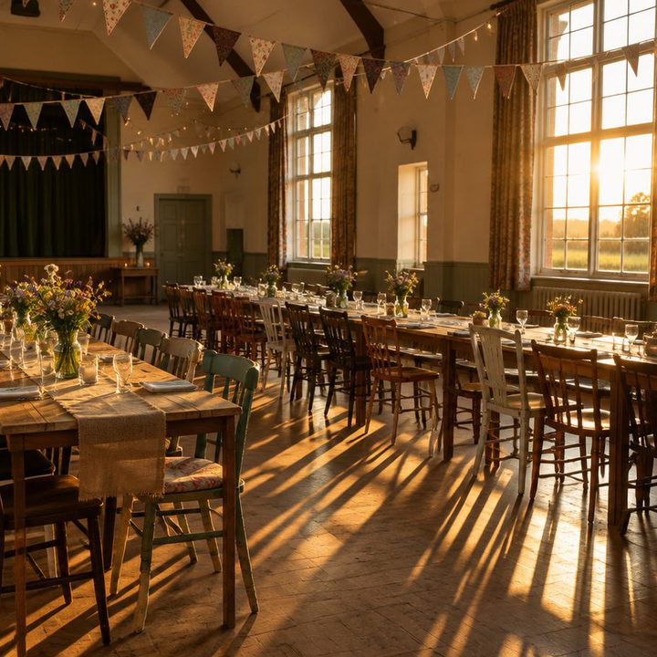 A village hall laid for a reception, low sun through high windows