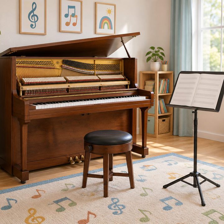 An upright piano with its lid open beside a music stand