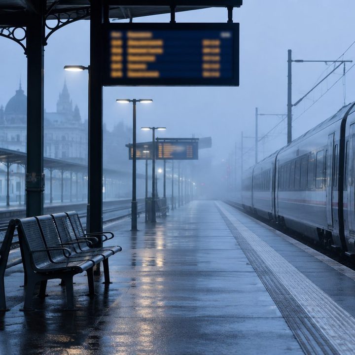 A long-distance train waiting at a misty platform