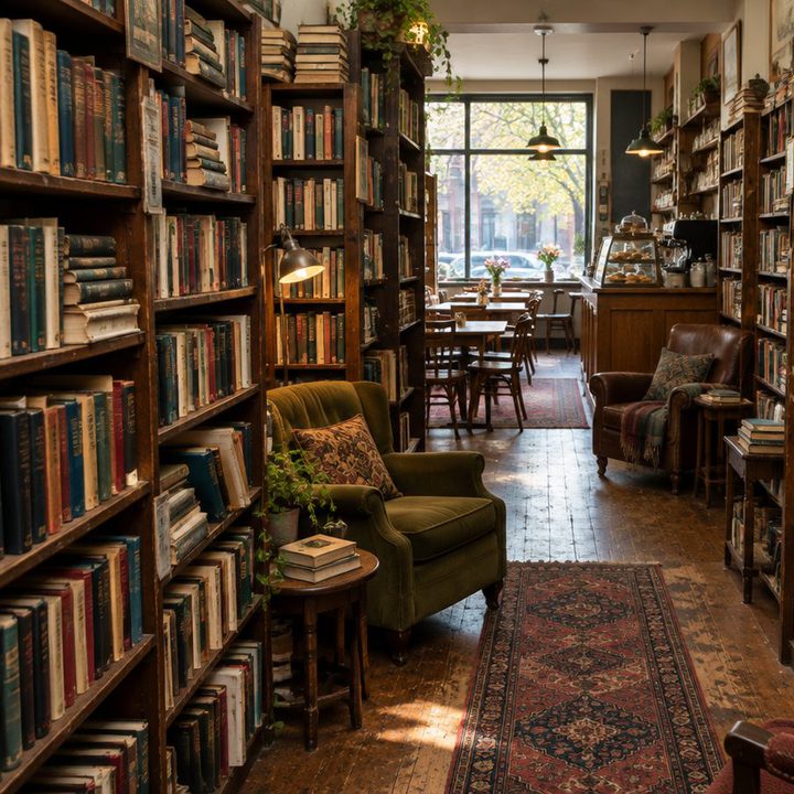 Crowded wooden bookshelves running back to a small café