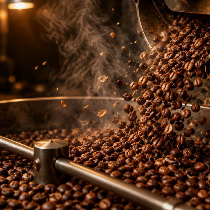 Freshly roasted beans pouring into a cooling tray
