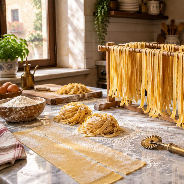 Fresh tagliatelle drying on a wooden rack in a kitchen